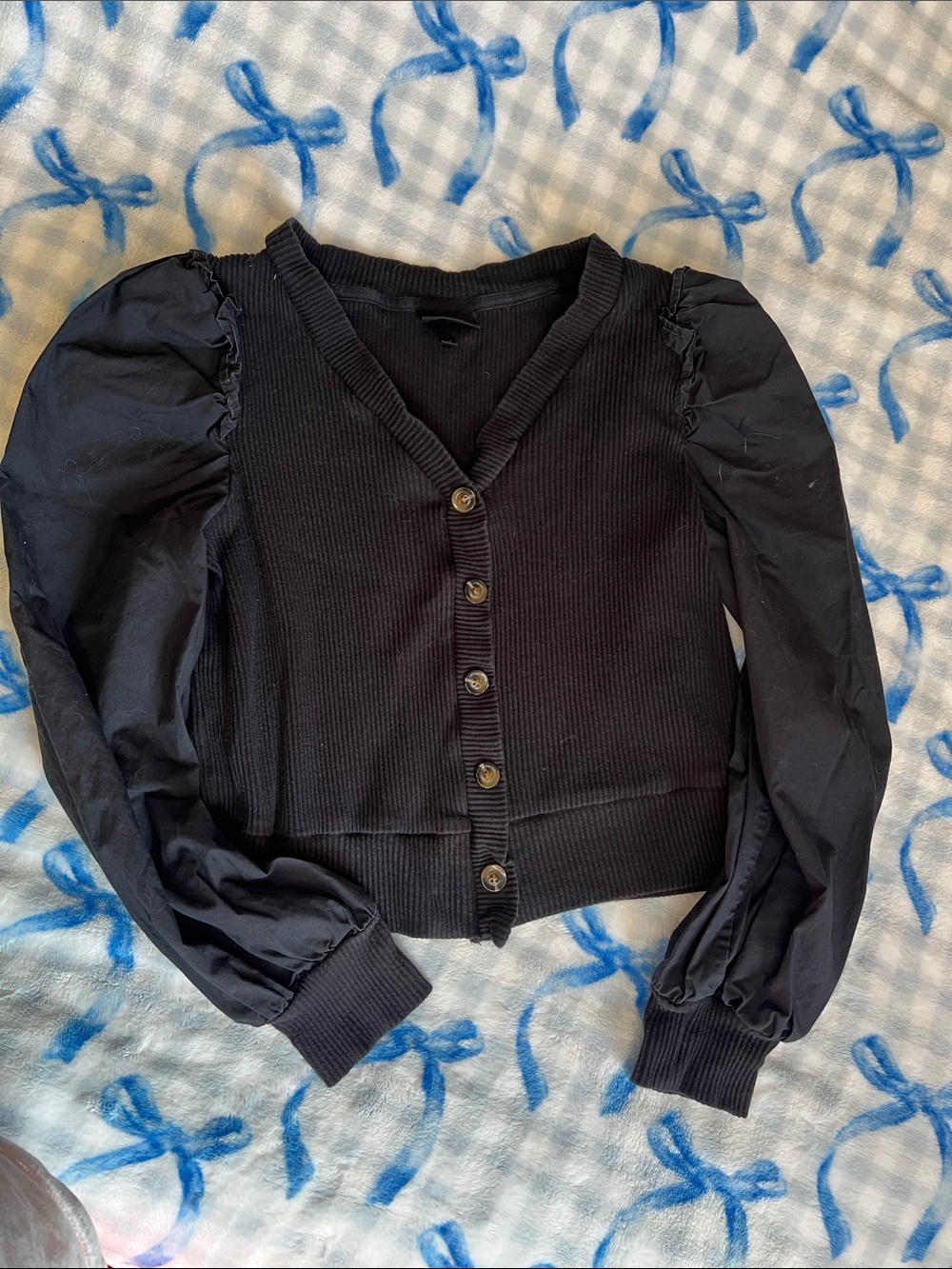 Black V-Neck Puff Sleeve - Women Tops